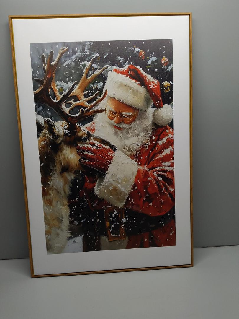 (Set of 3) Santa Claus And Reindeer Art, Rustic Winter Scene for Christmas Canvas Wall Art Print Poster For Home School Office Decor (Wood Frame) 35in. x 24in.