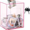 Clear Acrylic Piggy Bank with Lock and Key for Kids Adults, Openable Money Saving Box for Cash Coins Real Money (Pink)