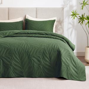 EXQ Home Quilt Set Full Queen Size Olive Green 3 Piece,Lightweight Soft Coverlet Modern Style Leaf Pattern Bedspread Set(1 Quilt,2 Pillow Shams)