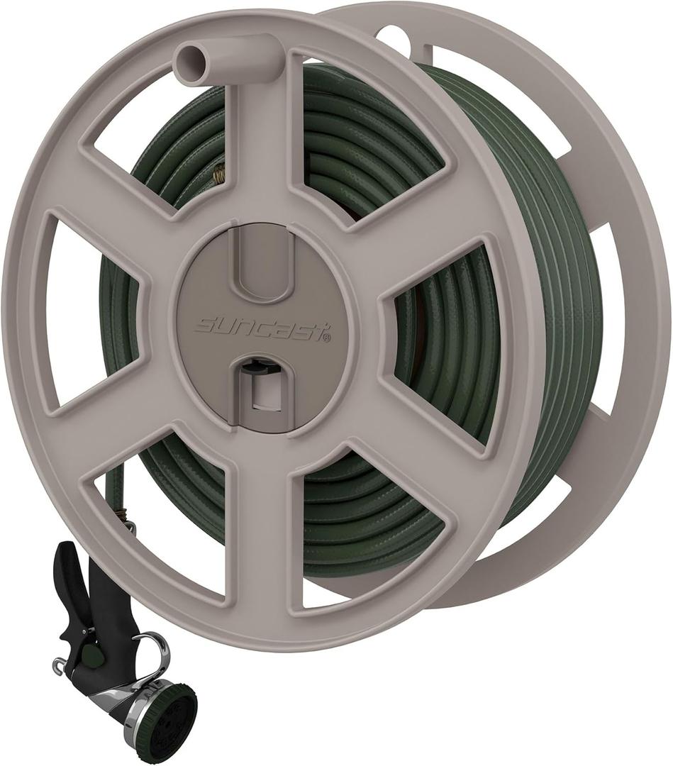 Suncast 100 ft Garden Hose Holder Wall Mount, Taupe Heavy-Duty Wall Mounted Water Hose Reel for Outside Use, Manually Retractable Sidewinder, Open Space-Saving Storage, Made in the USA