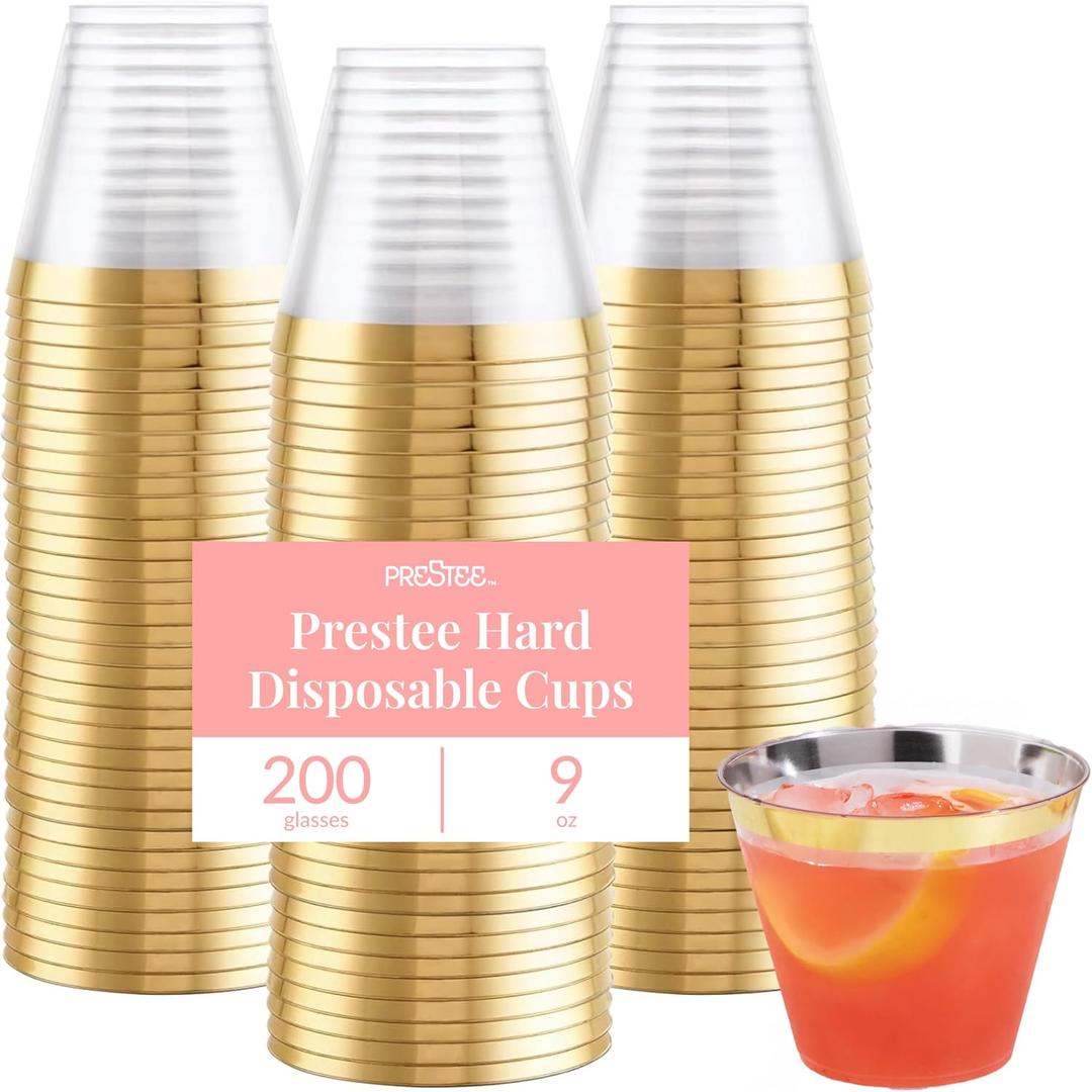 Prestee Hard Disposable Cups - Heavy Duty Fancy Plastic Cups - Plastic Cocktail Drinkware - Disposable Drinking Cup 9 oz - Bulk Drinking Glasses for Wedding - 200ct Gold Tumblers (200 Count (Pack of 1))
