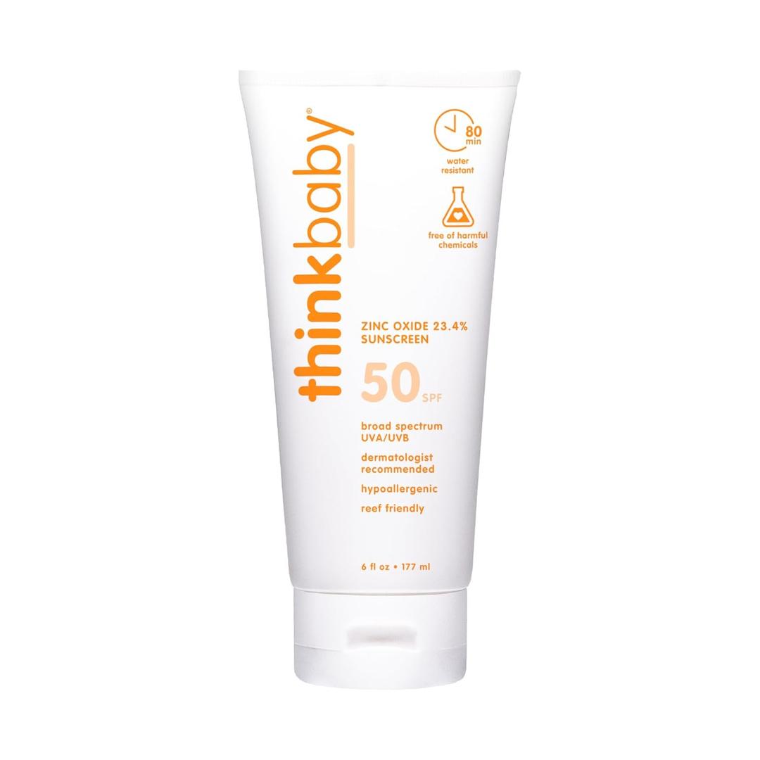 Thinkbaby SPF 50+ Baby Mineral Sunscreen Safe, Natural Sunblock for Babies - Water Resistant Sun Cream Broad Spectrum UVA/UVB Sun Protection Vegan Baby Sunscreen Lotion, 6 Oz. (6 Ounce (Pack of 1)), Expire Date: 10/2026
