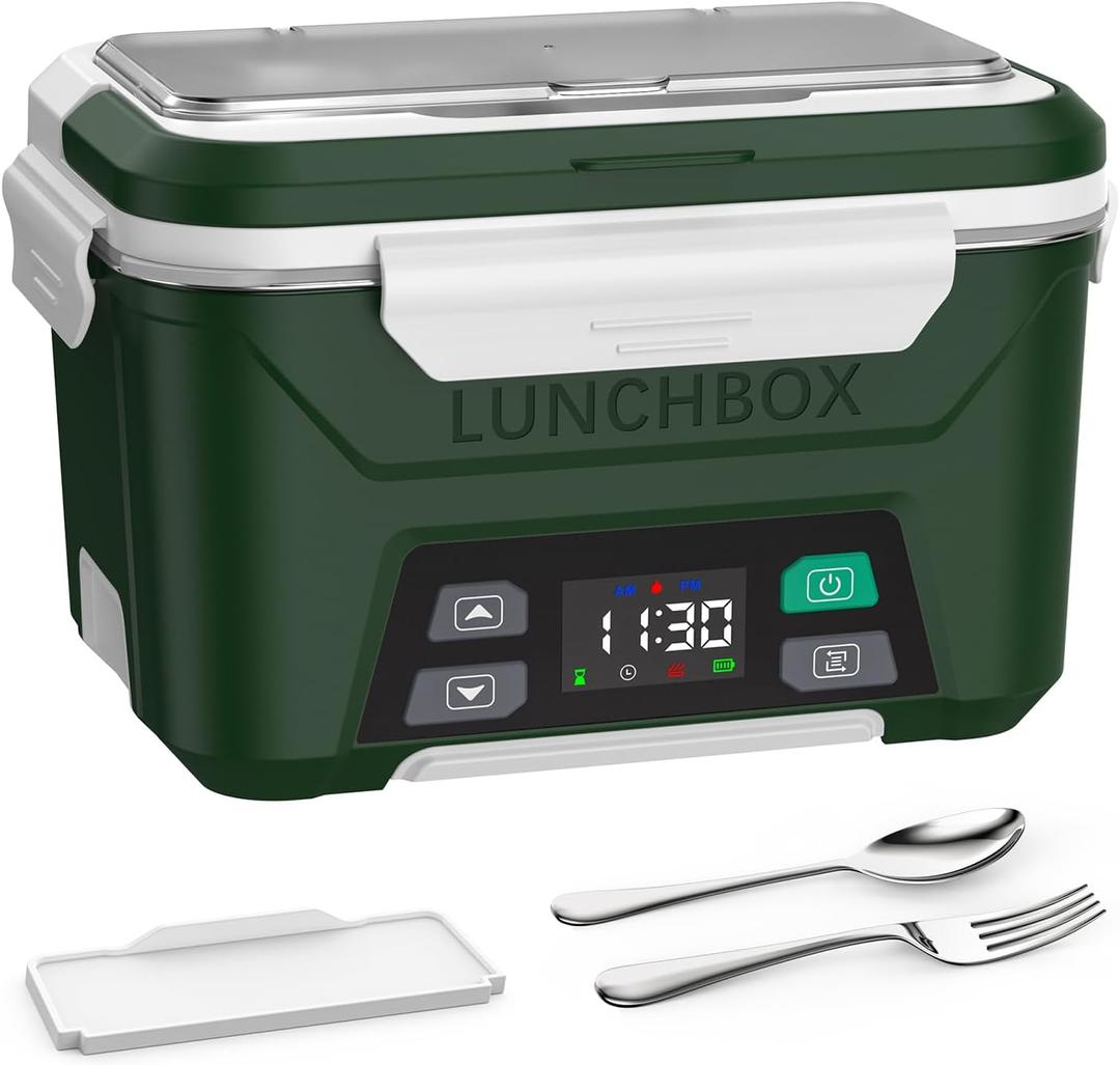 EAST OAK Cordless Electric Lunch Box for Adults, Heated Lunch Box Battery Powered with Automatic Heating, 5.5 Cups Portable Food Warmer with Removable Tray Divider (Green)