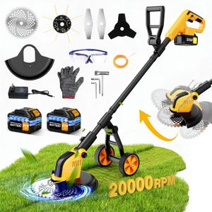20000 RPM Electric Weed Wacker Battery Powered 6000mAh, 800W Brushless Weed Eater with Wheels, 4-in-1 Brush Cutter/String Trimmer/Grass Trimmer/Edger Tool,Stringless Weed Trimmer Metal Blade,2 Battery