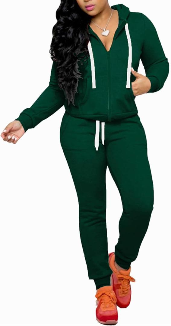 CLOCOR Track Suits for Women Set - Casual 2 Piece Outfits Sweatsuit Pocket Hoodies Long Sleeve with Patchwork Pants Set (Medium, 3-dark Green)