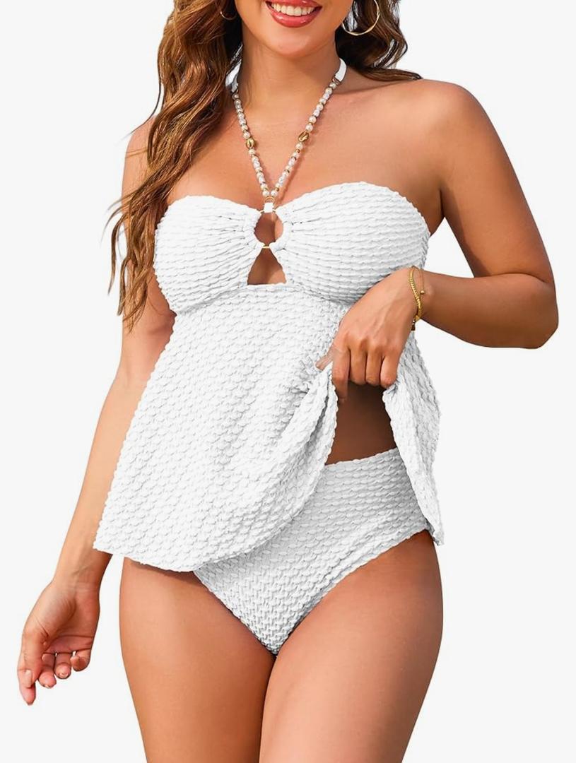 Jolefille Women Bandeau Swimsuit Two Piece - Tummy Control Bathing Suit Full Coverage High Waisted Bikini Sets Halter Teens 2XL White