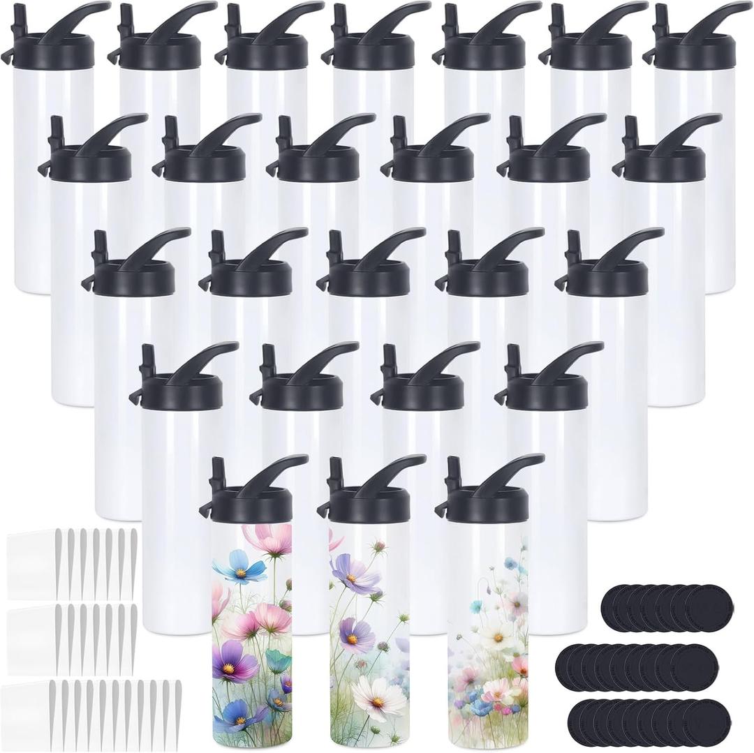 20 Oz Sublimation Tumbler Bulk Skinny Straight, 25 Pack Sublimation Water Bottles Blanks with Handle Straw Lid, Insulated Stainless Steel Tumbler Cup for Heat Transfer