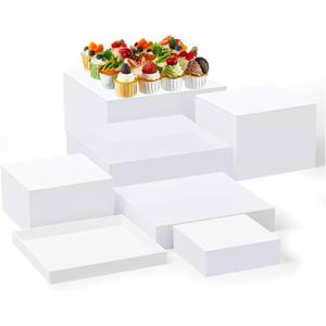 Leinuosen 7 Pcs Buffet Risers Set Acrylic Display Box 6" 7" 8" 9" 10" 11" 12" Food Risers for Buffet Table 5 Sided Display Cube Box with Hollow Bottom Nesting Acrylic Stand for Wedding Party(White)