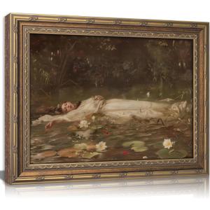 Vintage Gold Framed Ophelia Wall Art, Romantic Victorian Gothic Oil Painting Canvas Print, Dark Academia Wall Decor, Antique Woman Portrait Picture, Moody Floral Poster Artwork for Living Room Bedroom, 24"L x 16"W