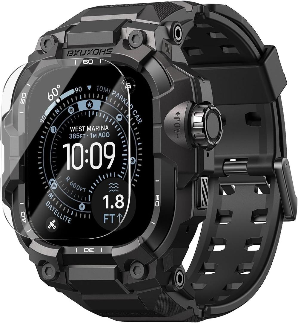 BXUXOHS Rugged Case and Band for Apple Watch Ultra 3/2/1 49mm Men, Military Grade Shockproof Bumper Cover, with 2 Pack Screen Protector, Tactical Band Case for iWatch Ultra 3 2 1 Man, Black