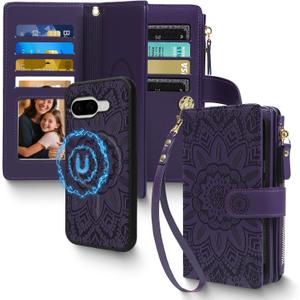 Harryshell 2 in 1 for Google Pixel 9A Wallet Case Magnetic Compatible with Magsafe RFID Blocking Card Holder Detachable Phone Cover Zipper Purse Kickstand Wrist Strap for Men Women Floral Purple