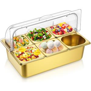 Ziliny Countertop Food Serving Display Container Clear Roll Top Cover 6 Pan Stainless Steel Ice Food Buffet Server Salad Bar Pizza Topping Station Condiment Dispenser Restaurant Kitchen Party(Gold) 22.05"L x 14.96"W x 10.63"H