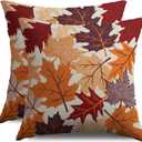 Fall Pillow Covers 18X18 Set of 2, Maple Leaf Autumn Colored Burnt Orange Leaves Harvest Thanksgiving Throw Pillowcases Holiday Theme Seasonal Outdoor Farmhouse Cushion Cases Couch Sofa Bed Decor