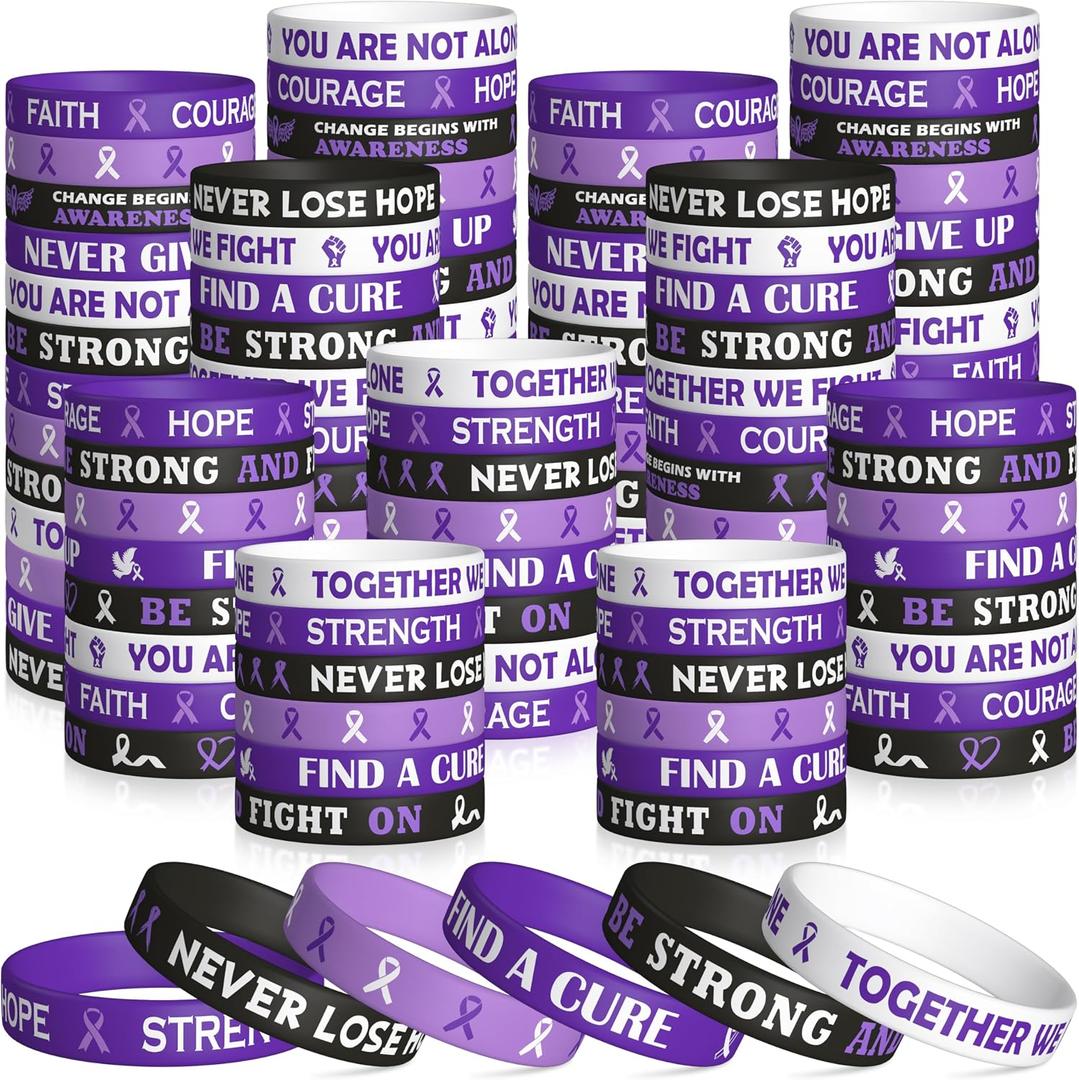 WATINC Purple Ribbon Awareness Silicone Bracelets Set, Hope Faith Stretch Wristband,Motivational Rubber Bracelet for Domestic Violence Animal Abuse Lupus Epilepsy Pancreatic Cancer Alzheimer (120Pcs), 20.2 cm / 8in