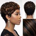 Pixie Cut Wig Human Hair for Women Highlight Brown Short Straight Wigs 100% Real Human Hair Pixie Cut Wig with Bangs Layered Virgin Hair Glueless Natural Short Wig
