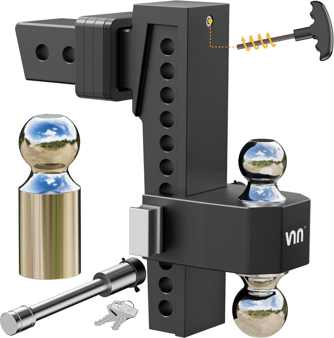 VNN Adjustable 10 Inch Drop Hitch 2.5 Inch Receiver - Interchangeable 3 Solid Ball Mount 1-7/8", 2", 2-5/16"(18,500 LBS GTW), Heavy Duty Aluminum Trailer Hitch with Pads and Locking Sets, Black