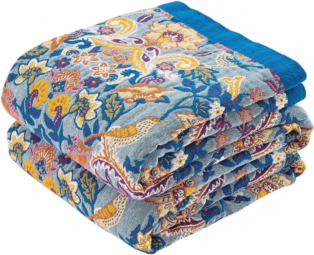 XIBLC Boho Throw Blanket for Bed, 100% Cotton Soft Rustic Quilt Fall Blanket, 60"x80" Floral Printed Farmhouse Decor Bed Blankets, All Season Rustic Reversible Bohemian Throw Quilt