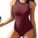 Charmo Women One Piece Swimsuit Zipper Back Ribbed Swimwear Sporty Racerback High Neck Bathing Suit L