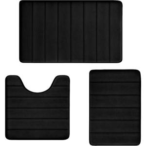 Bathroom Rugs Set Memory Foam Bath Rugs Non-Slip Bath Mat Set 3 Piece,Washable Bathroom Mats,Absorbent Shaggy Rugs Super Soft U-Shaped Toilet Rug,Bahroom Carpets for Bathroom,Tub,Shower Black