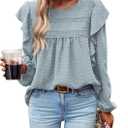 PRETTYGARDEN Women's Long Sleeve Shirts Ruffle Swiss Dot Crochet Loose Fit Tunic Dressy Casual Tops Blouses Spring Fashion (Green, XS)