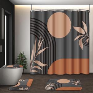 Boho Mid Century Shower Curtain Set with Toilet Lid Cover and Non-Slip Rugs, Abstract Grey Background 4 Pcs Modern Minimalist Vintage Gray Shower Curtain for Bathroom Set with 12 Hooks