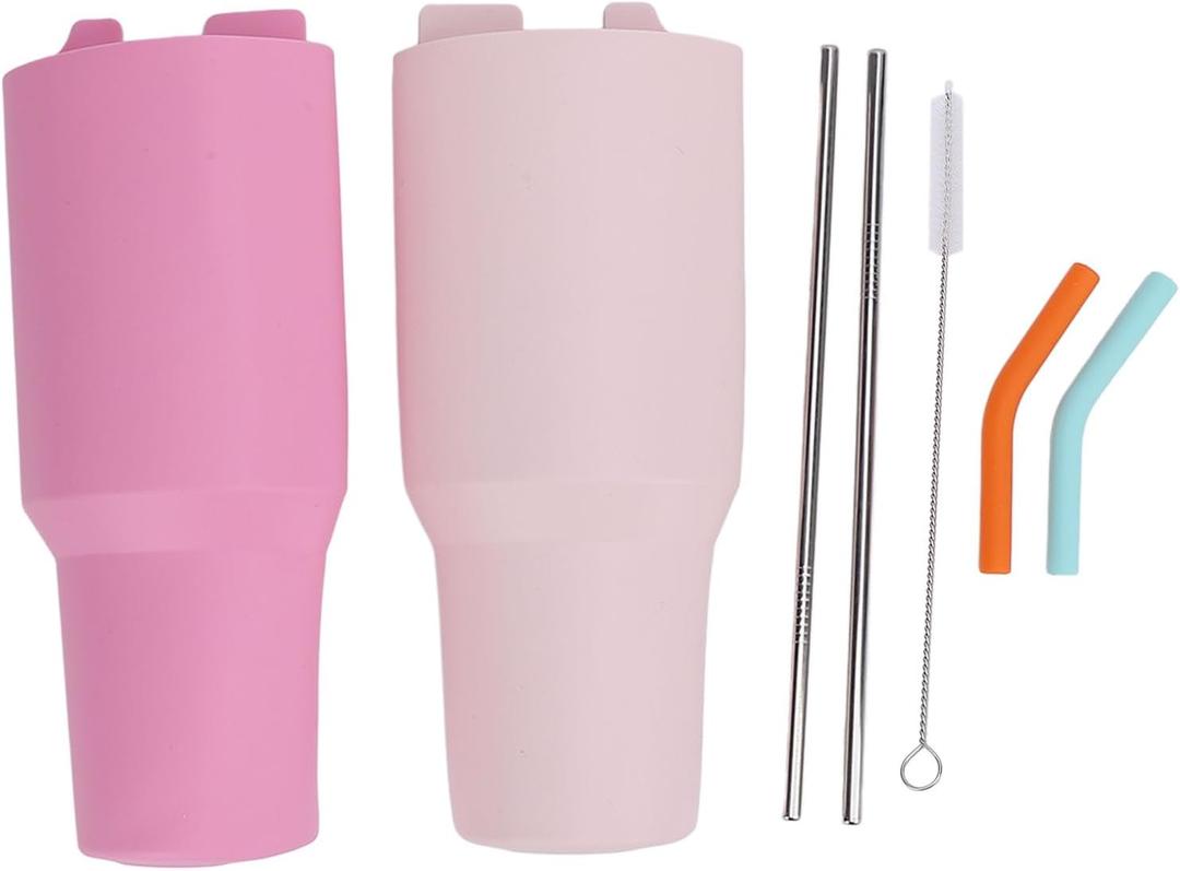 2in1 Drink Separator Silicone Liner, Reusable Dispenser Liner Stainless Steel Straws for 40oz Cup, Water Bottle Accessories for Party, Leisure, Outdoor, Office (Pinkish and Light Pinkish)