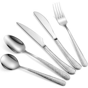 Silver Flatware Set, 18/10 Stainless Steel 20 Piece/Household Stainless Steel Set/Upgraded Knife, Spoon, Fork Mirror Polished, Dishwasher Safe (20 Pieces - Hammered)