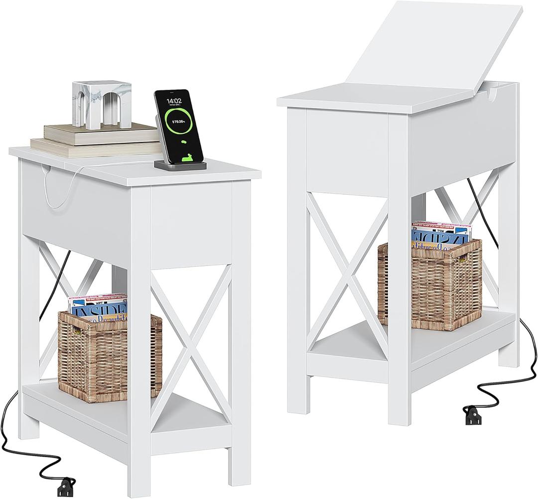 ChooChoo End Tables Living Room Set of 2, Side Table with Charging Station, White