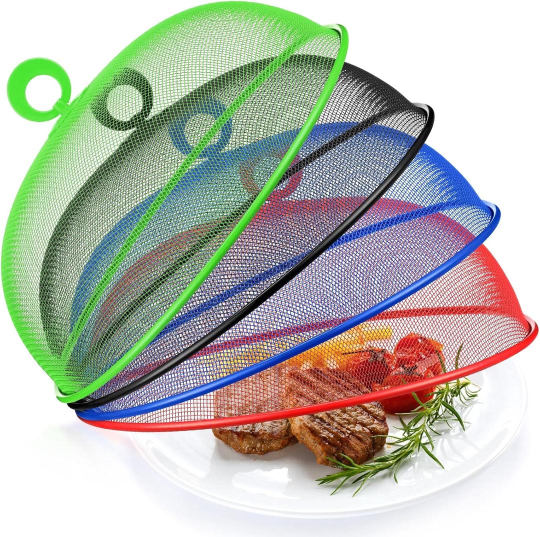 Foaincore 8 Pcs Metal Mesh Food Covers Tent Umbrella 11 Inch Outside Mesh Food Net Tents Dome Screen Plate Covers for Outdoor Picnic Camping Keep out Flies Bugs Mosquitoes(Red, Green, Blue, Black)