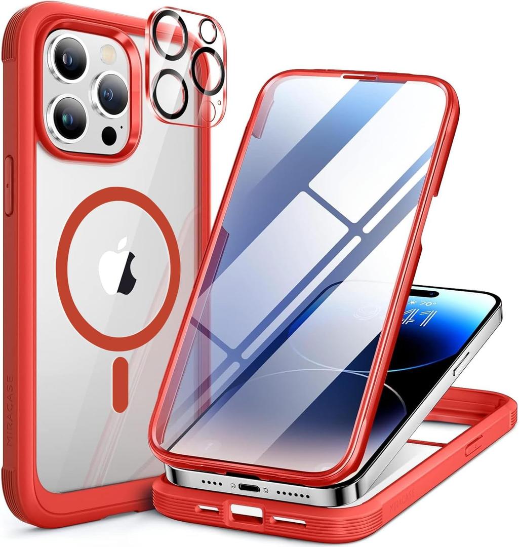 Miracase Magnetic for iPhone 14 Pro Max Case 6.7 inch, (Compatible with MagSafe) Upgrade Full-Body Clear Phone Bumper Case with Built-in 9H Tempered Glass Screen Protector, Magnetic Red