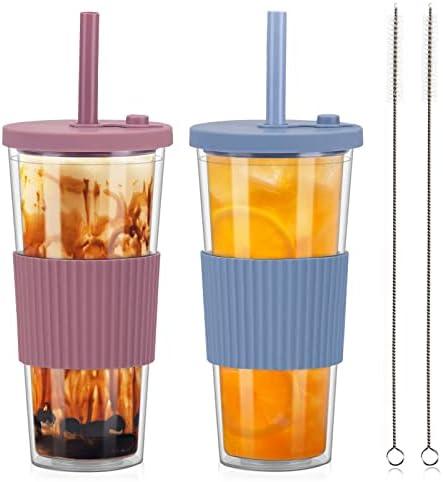 UHAPEER 2 Pack Reusable Boba Tea Cups, 24oz Iced Coffee Cup with Straw and Lid, Leakproof Clear Plastic Cups Tumbler, Double Wall Insulated Smoothie Tumbler, Wide Straw for Bubble Tea, Pink and Blue