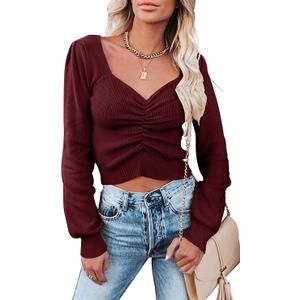 PRETTYGARDEN Fall Long Sleeve Cropped Sweaters for Women 2024 Off The Shoulder V Neck Ruched Ribbed Knit Going Out Tops
Size M