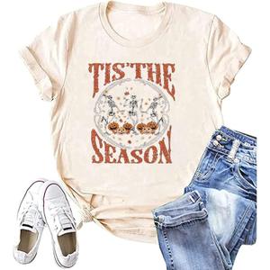 Halloween Shirt Women Fall Pumpkin Graphic Tees Hocus Pocus Tees Girls Trip Tops Halloween Witch Human Skeleton Tshirt (Small, Beige4)