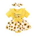 Infant Baby Girl Summer Outfits Lace Ruffle Short Sleeve Ribbed Romper Dress with Headband 1-18 Months(Sunflower, 1-3 Months)