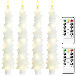 Christmas Tree Flameless Candles with Remote,4 Pcs White Real Wax LED Flickering Candles Battery Operate with Embedded Star String for Home Decoration Christmas Gifts(D0.86 xH9.6)