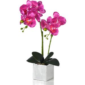 Artificial Potted Orchid Faux Phalaenopsis Silk Flowers Bonsai Realistic Arrangement in Silver Vase for Home Decoration Table Centerpiece, Purple