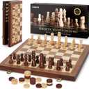 2 in 1 Magnetic Chess Set & Checkers Board Game, 15" Wooden Folding Chess Board with 2 Extra Queens, Portable Travel Chess Set with Pieces Storage Slots, Beginner Chess Board Game for Adults & Kids