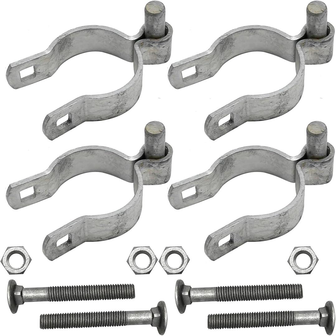 4pcs Chain Link Fence Gate Post Hinge for Outside Diameter Post/Pipe, Galvanized Chain Link Post Gate Hinge, Nut/Bolt Included (2-3/8 Inch)