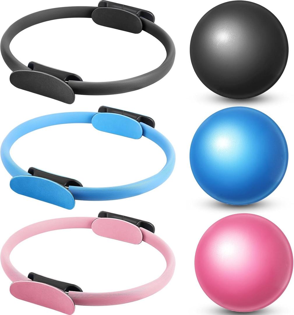 Zomiboo 6 Pcs Pilates Rings and Mini Exercise Balls 14 Inch Magic Circle with Lightweight Padded Handles 9.5 Inch Workout Ball for Women Stability, Barre, Yoga, Core Training and Physical Therapy