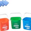 Matthew Red&Green&Blue Detergent and Sanitizing Cleaning Bucket 3 Quart Cleaning Pail,Set of 3 Square Containers,Built-In Spout w/Handle,Wash Rinse Sanitize Handwash Bucket,Incl.3Pcs Microfiber Cloths 