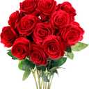 Mocoosy 12PCS Red Roses Artificial Flowers, Fake Roses with Long Stems Realistic Silk Rose Bouquets Wedding Centerpiece Decorations Faux Floral Arrangements Bridal Shower Party Home Office Table Decor