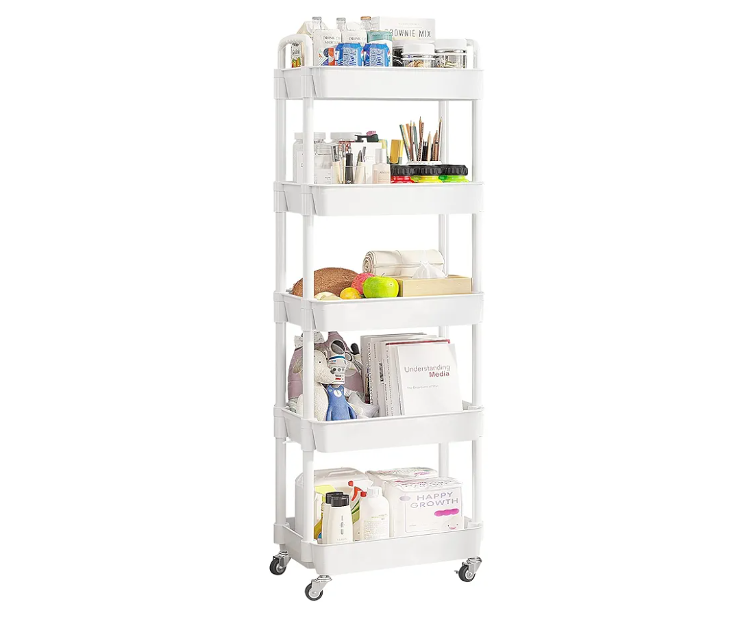 UDEAR 5-Tier Rolling Utility Cart with 12 Category Labels,Multifunctional Storage Shelves with Handle and Lockable Wheels for Room,Office,Kitchen,Bathroom, White