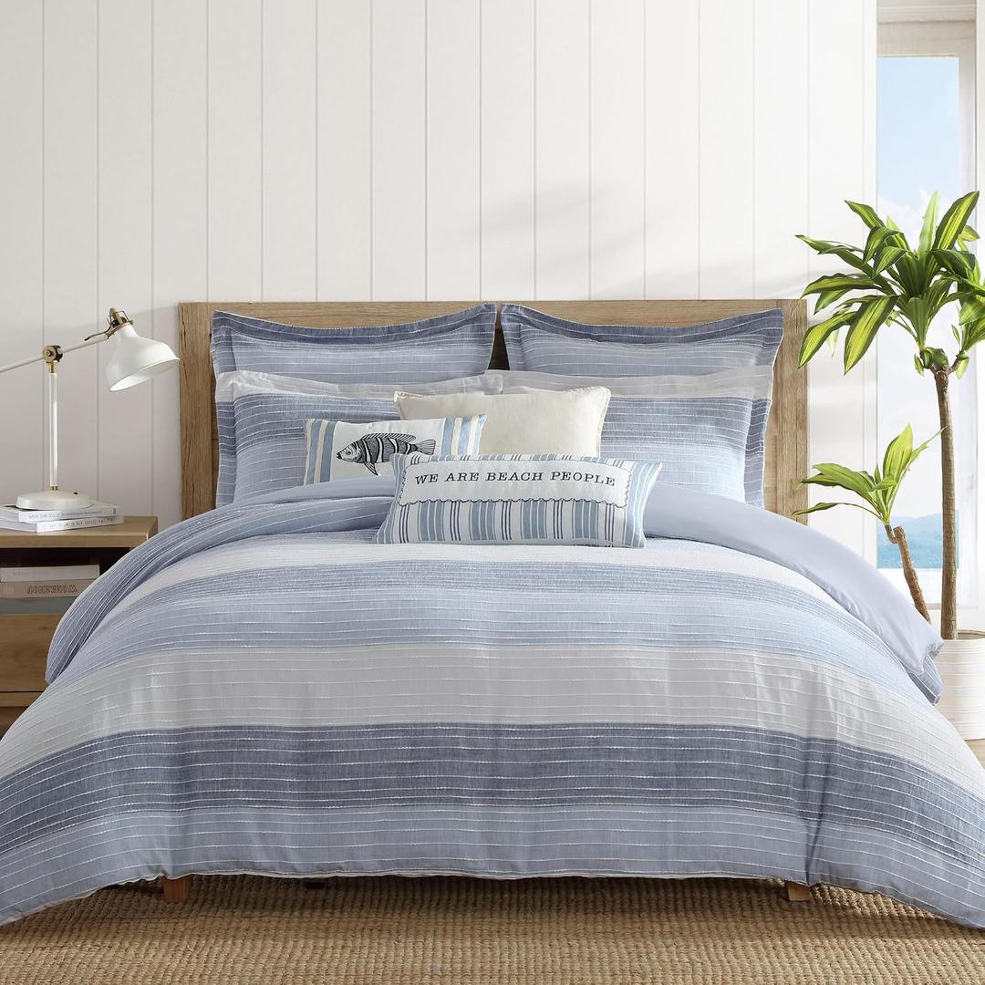 Levtex Home Sand Stripes Blue King/Cal King Comforter Set (106x94in) with 2 Pillowcases (36x20in) - Woven Jacquard Stripe - Blue, Grey, White - Cotton King Size Comforter Set - Soft Pre-Washed