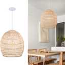 Arturesthome Boho Wicker Chandelier,W 15.7"*H 18" Rustic Rattan Basket Pendant Light Fixture Coastal,Farmhouse Hanging Lighting for Dining Table Kitchen Island Bedroom