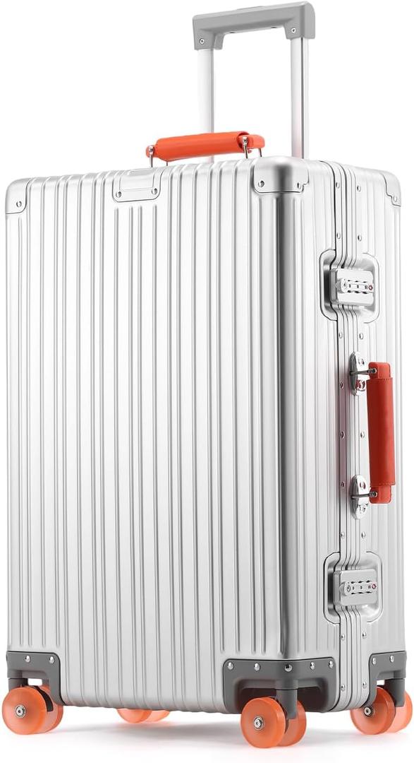 20 Inch All Aluminum Zipperless Carry On Luggage, Hard Shell Suitcase with Leather Handle, TSA Lock and Smooth Silent Jelly Spinner Wheels for Business Trips