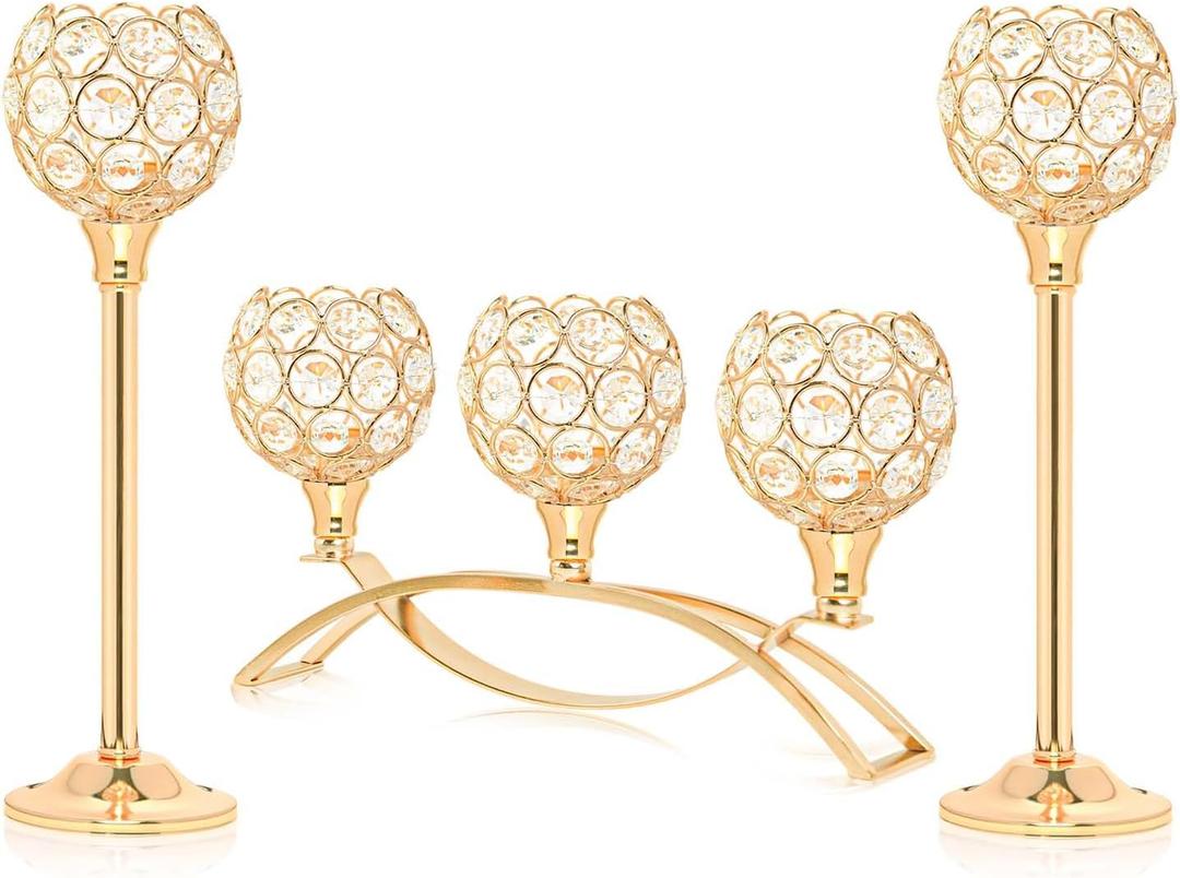 Crystal Tealight Candle Holder Centerpiece Home Decorative Candlestick Holder Elegant Table Centerpiece Home Decor Wedding Party Anniversary (Gold, 3 Arm)