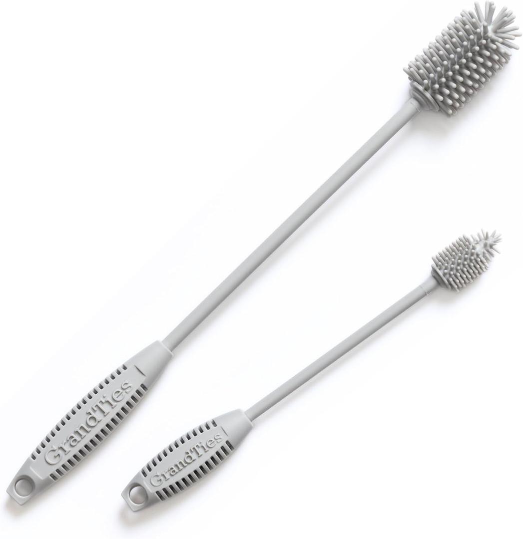 GrandTies Silicone Bottle Cleaning Brush Set | Extra Long Bottle Brush for Narrow Neck Bottle, Water Bottle, Cup, Mug, Blender Bottle, Tumbler, Hydro Flask, Baby Bottle, Wine Glass (Moonlight Gray)