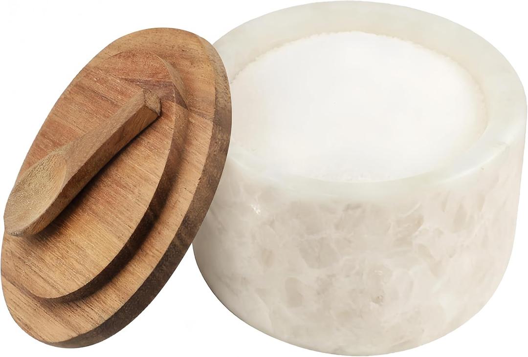 Salt and Pepper Spice Cellar, Marble Container for Coffee, Sugar, Spices and Candies, With Built-in Magnetic Attraction Spoon and Acacia Wood Lid, 6.5 oz (Snowflake White)
