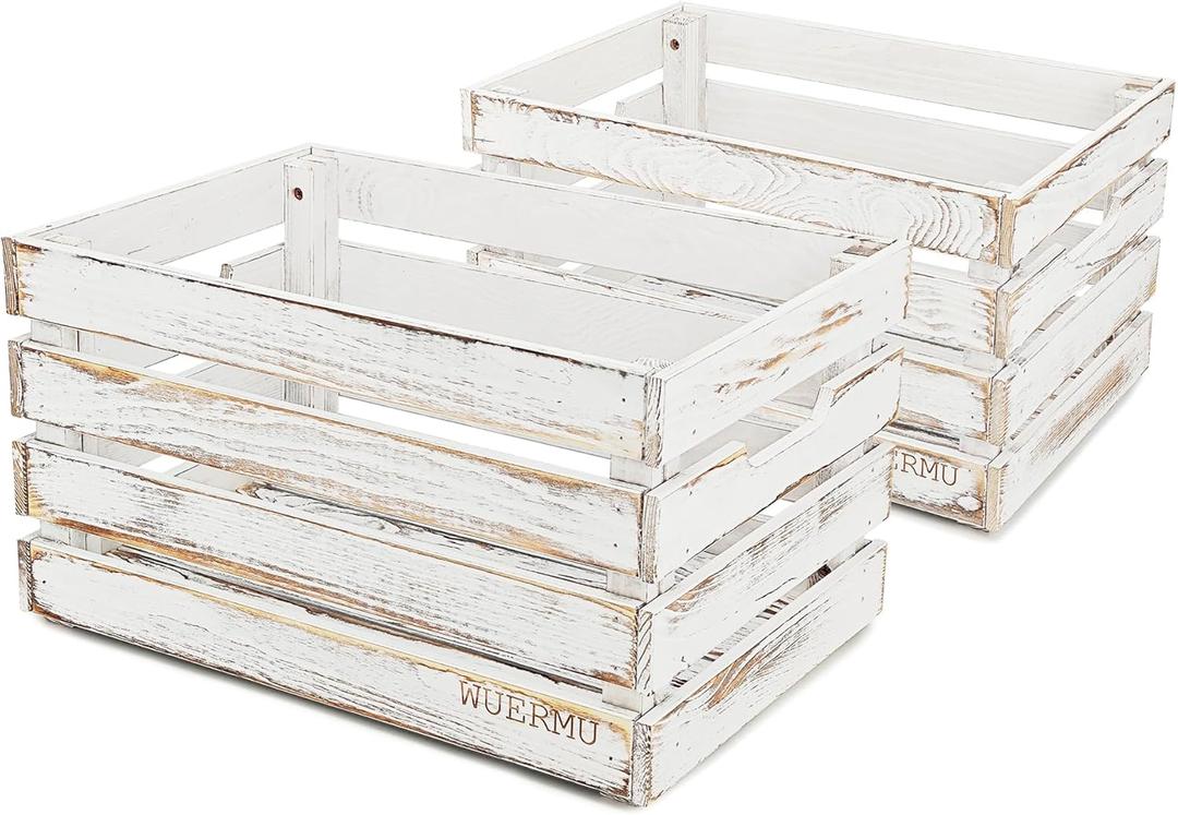 White Wooden Crates are Suitable for Storage, Milk Crates, Wine Crates, Festival Decorations, Camping, and Other Multi-Purpose. They are Sturdy and Durable, set of 2 Length of 17.7 inches.