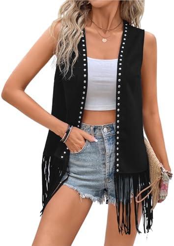 Verdusa Women's Fringe Vest Cardigan 70s Hippie Rivets Tassel Sleeveless Studded Jacket, Black, XL